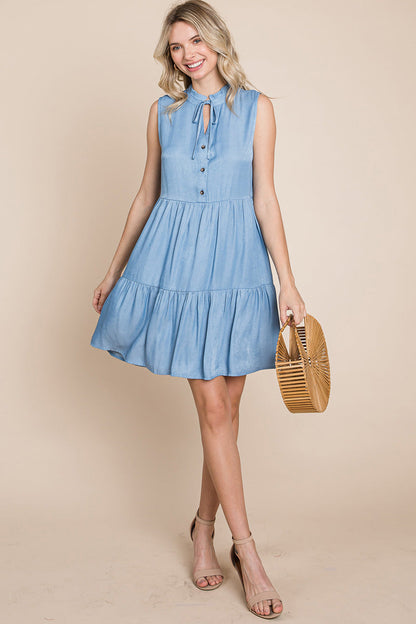 Chambray Tiered Sleeveless Ruffled Babydoll Dress | Apparel | Kitchen + Metal