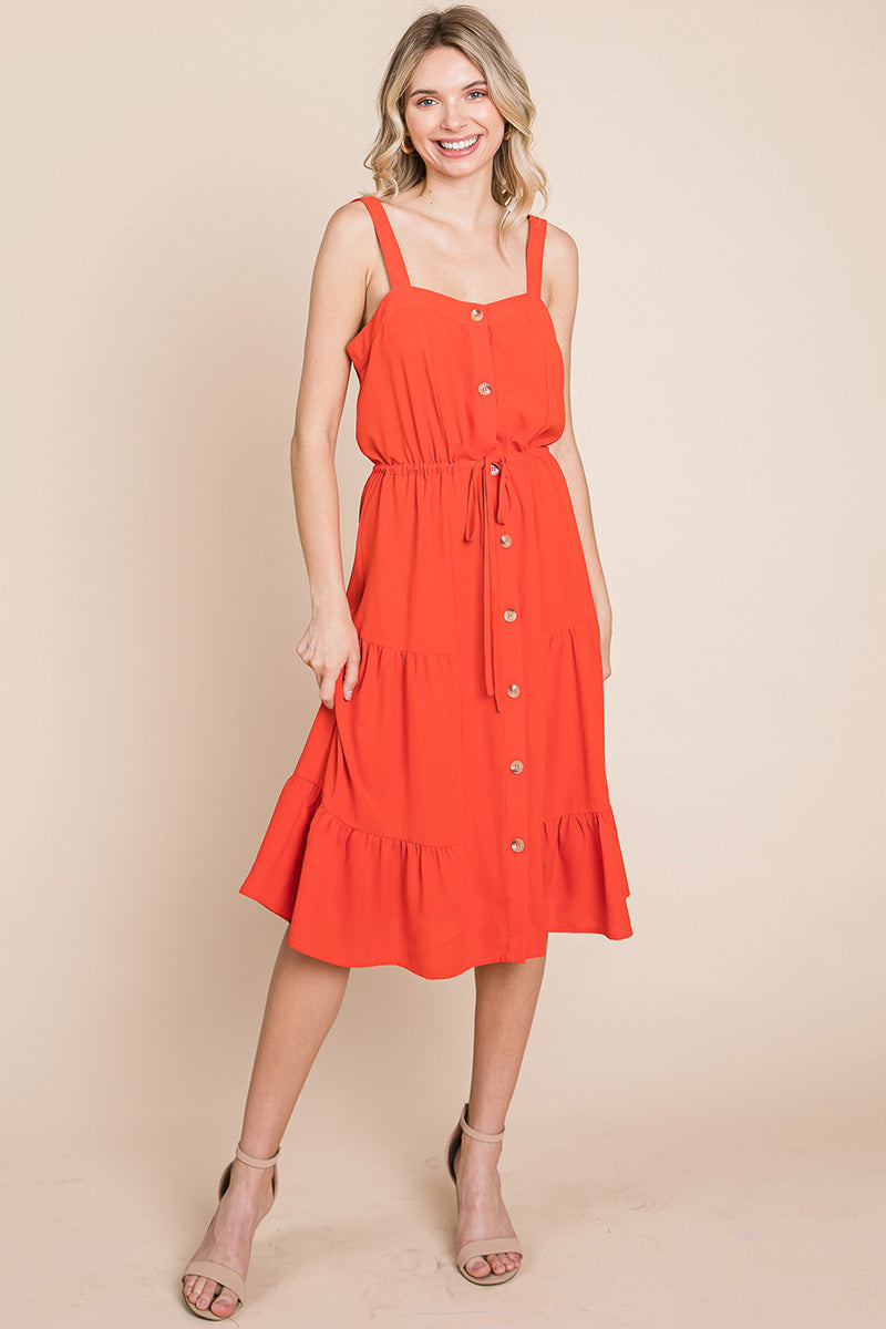 Tiered Square Neck Ruffled Button Midi Sundresses | Apparel | Kitchen + Metal
