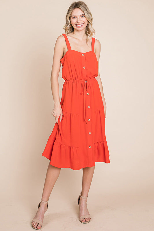 Tiered Square Neck Ruffled Button Midi Sundresses | Apparel | Kitchen + Metal