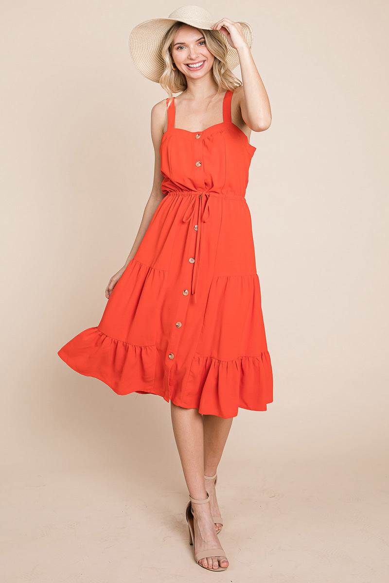 Tiered Square Neck Ruffled Button Midi Sundresses | Apparel | Kitchen + Metal