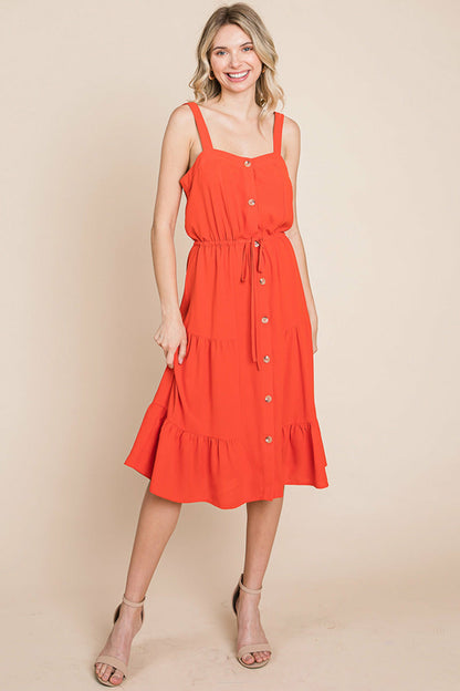 Tiered Square Neck Ruffled Button Midi Sundresses | Apparel | Kitchen + Metal