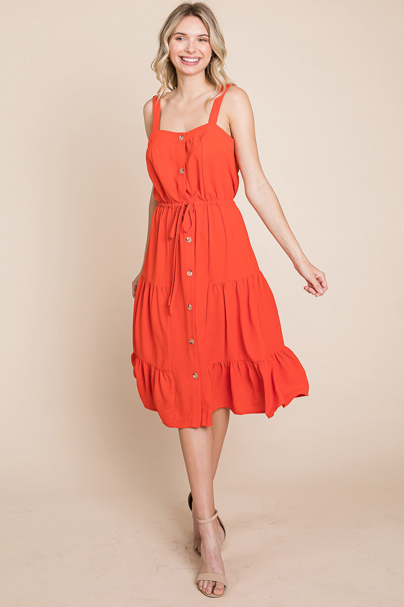 Tiered Square Neck Ruffled Button Midi Sundresses | Apparel | Kitchen + Metal