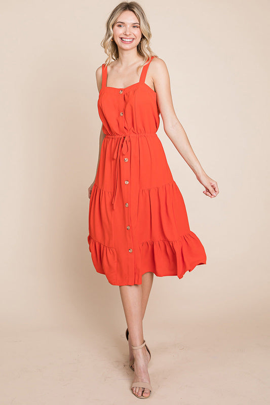 Tiered Square Neck Ruffled Button Midi Sundresses | Apparel | Kitchen + Metal