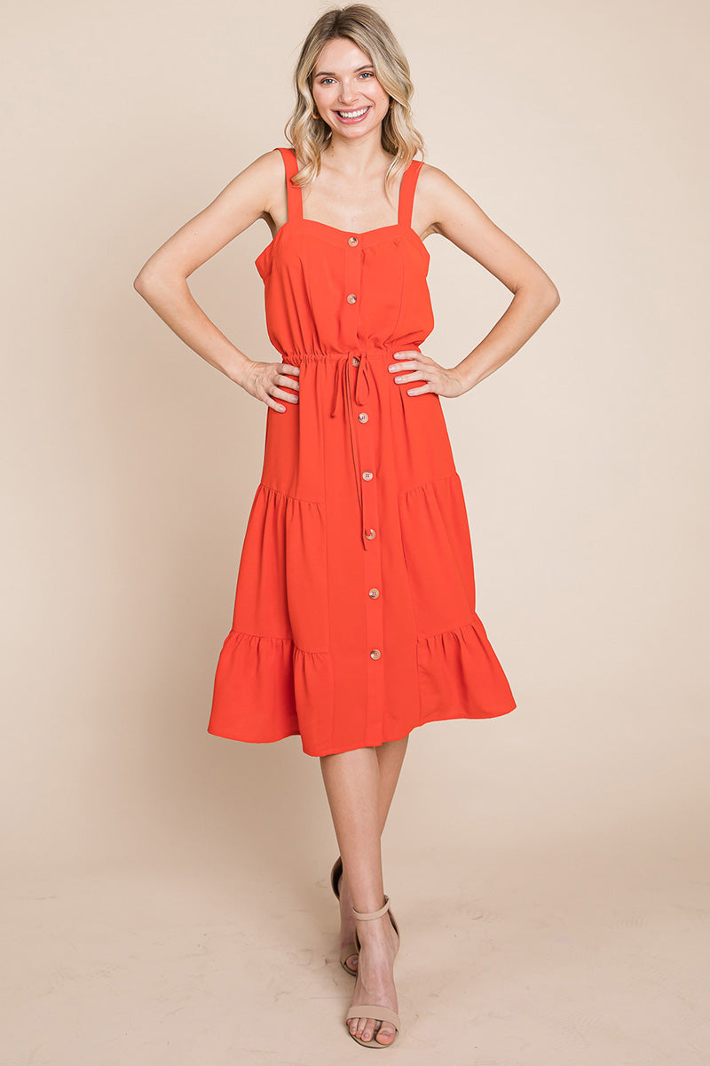 Tiered Square Neck Ruffled Button Midi Sundresses | Apparel | Kitchen + Metal