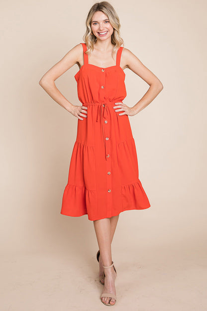Tiered Square Neck Ruffled Button Midi Sundresses | Apparel | Kitchen + Metal