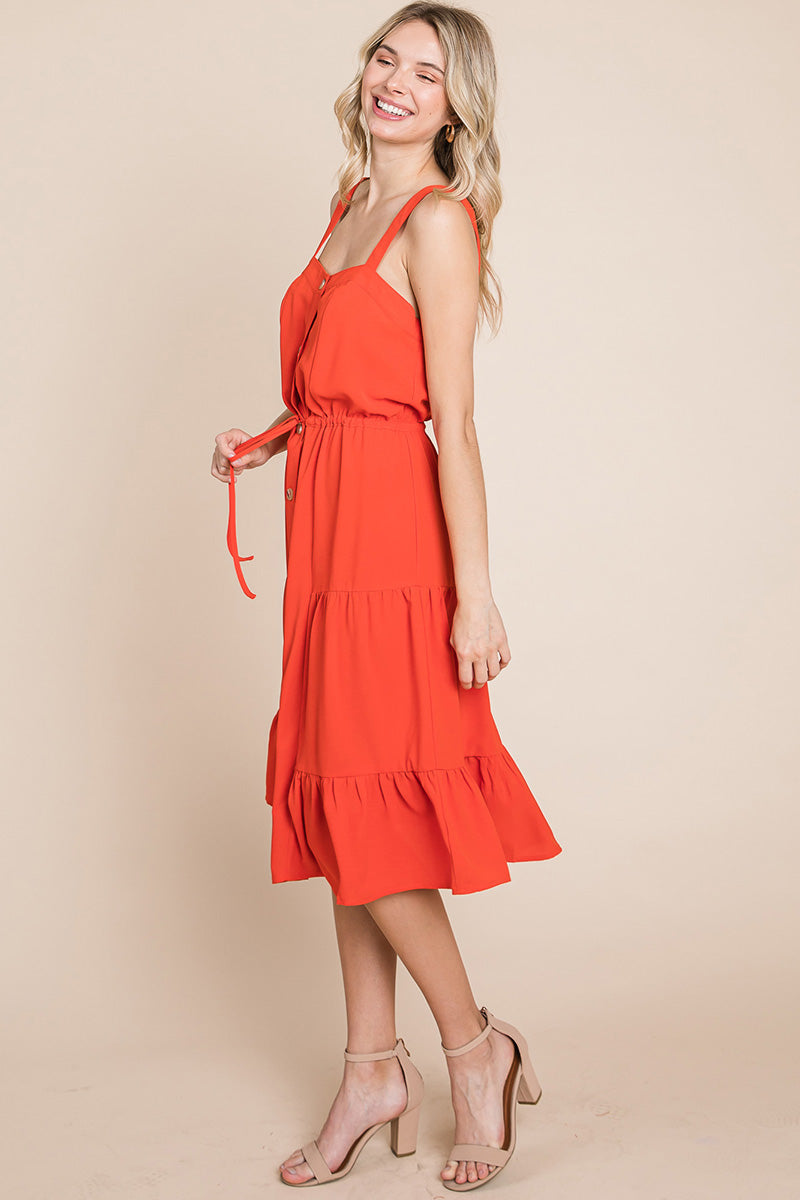 Tiered Square Neck Ruffled Button Midi Sundresses | Apparel | Kitchen + Metal