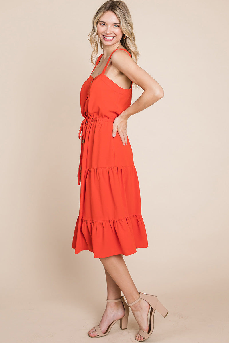 Tiered Square Neck Ruffled Button Midi Sundresses | Apparel | Kitchen + Metal
