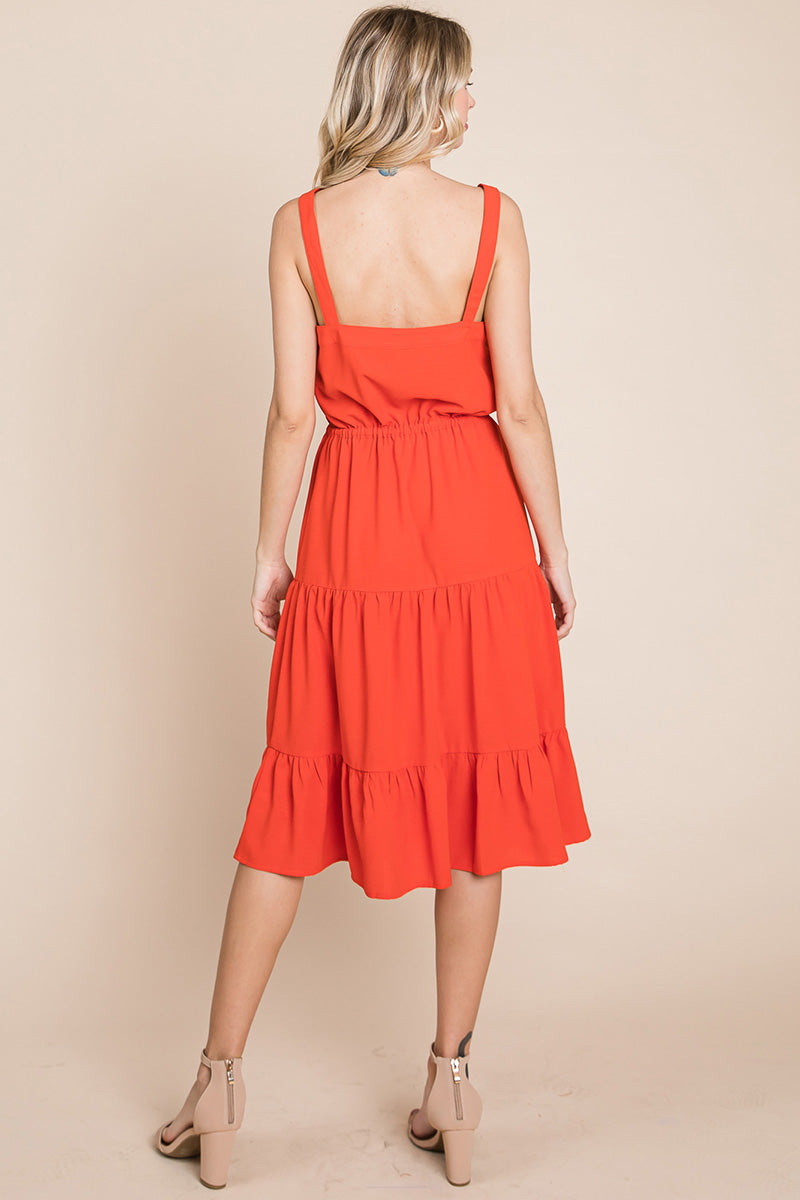 Tiered Square Neck Ruffled Button Midi Sundresses | Apparel | Kitchen + Metal