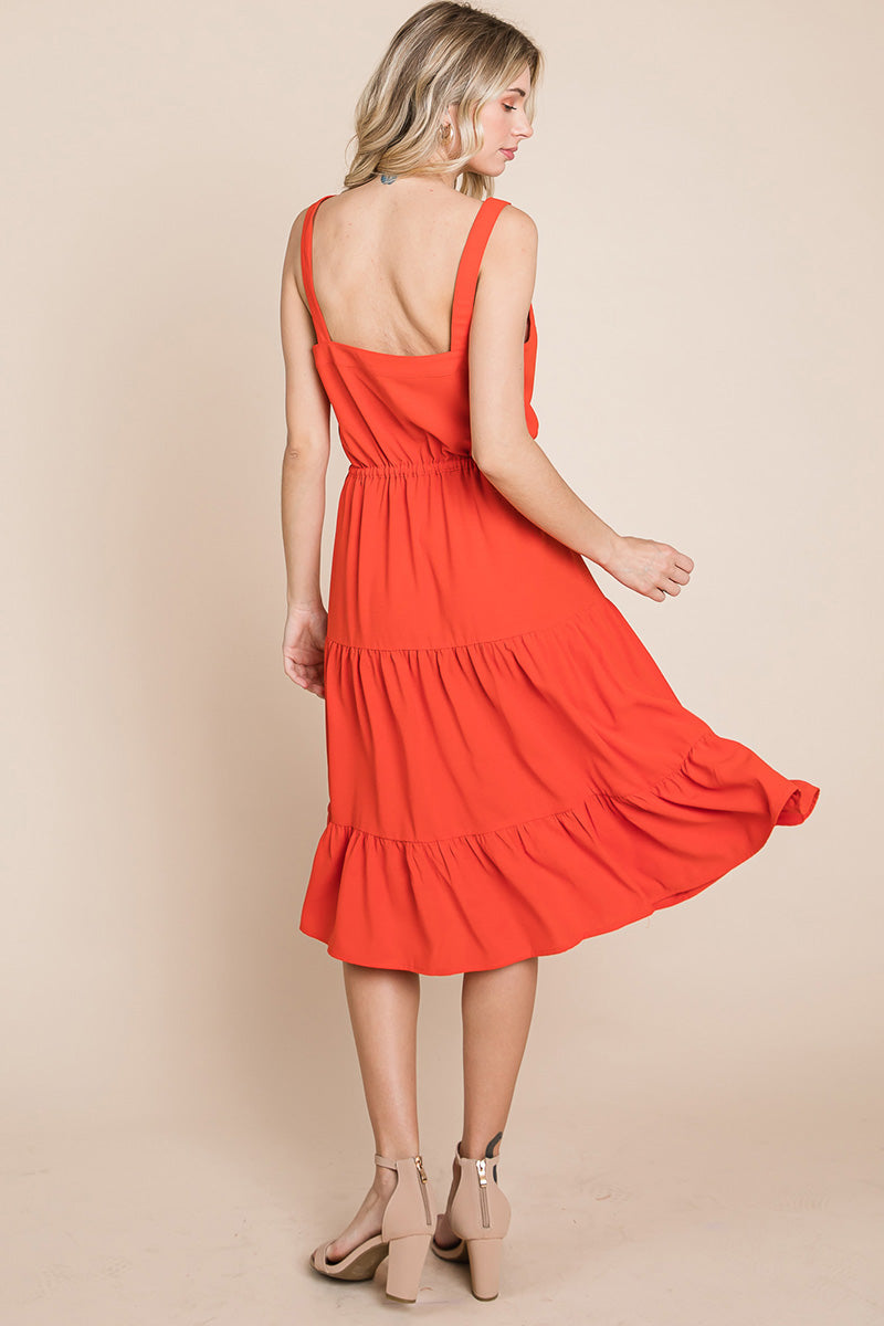 Tiered Square Neck Ruffled Button Midi Sundresses | Apparel | Kitchen + Metal