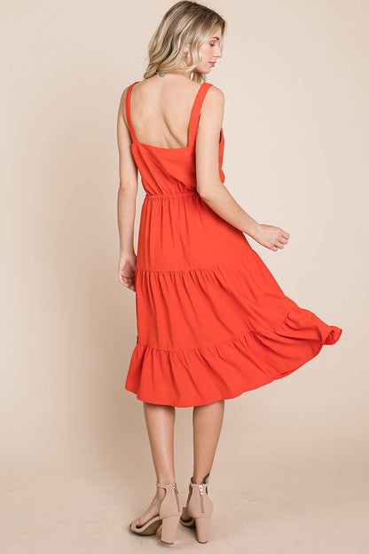 Tiered Square Neck Ruffled Button Midi Sundresses | Apparel | Kitchen + Metal