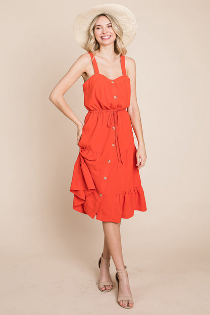 Tiered Square Neck Ruffled Button Midi Sundresses | Apparel | Kitchen + Metal