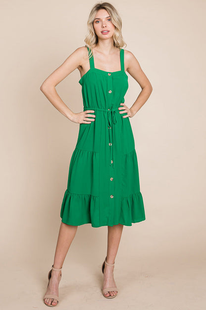 Tiered Square Neck Ruffled Button Midi Sundresses | Apparel | Kitchen + Metal