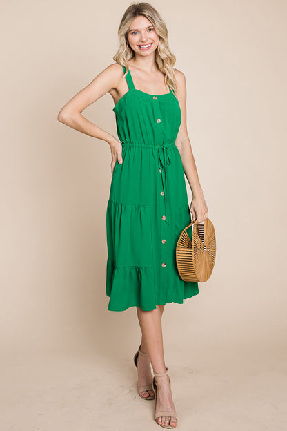 Tiered Square Neck Ruffled Button Midi Sundresses | Apparel | Kitchen + Metal
