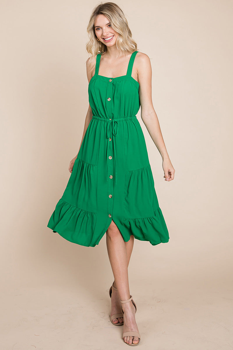 Tiered Square Neck Ruffled Button Midi Sundresses | Apparel | Kitchen + Metal