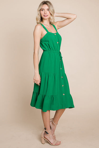 Tiered Square Neck Ruffled Button Midi Sundresses | Apparel | Kitchen + Metal