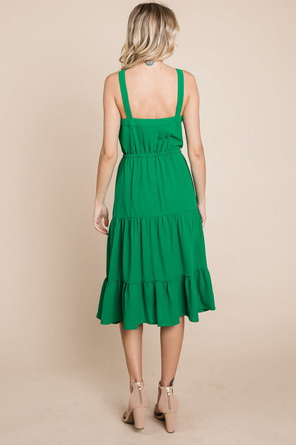 Tiered Square Neck Ruffled Button Midi Sundresses | Apparel | Kitchen + Metal