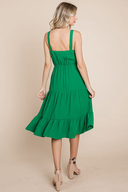 Tiered Square Neck Ruffled Button Midi Sundresses | Apparel | Kitchen + Metal