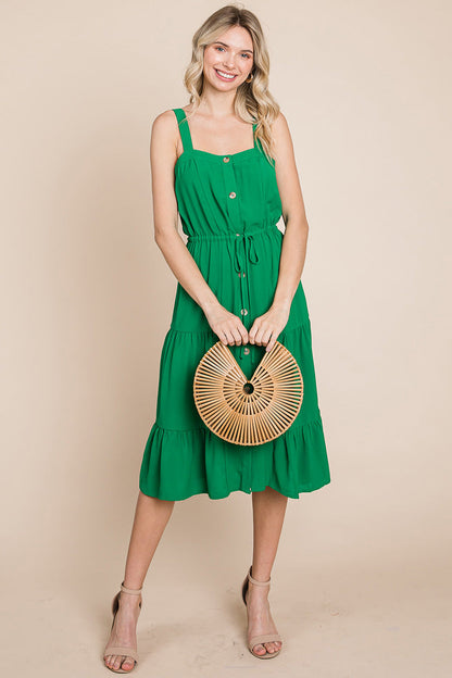 Tiered Square Neck Ruffled Button Midi Sundresses | Apparel | Kitchen + Metal
