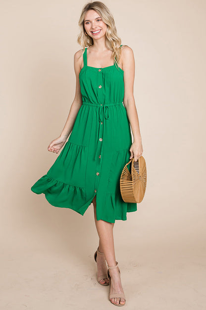 Tiered Square Neck Ruffled Button Midi Sundresses | Apparel | Kitchen + Metal