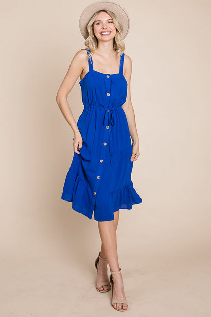Tiered Square Neck Ruffled Button Midi Sundresses | Apparel | Kitchen + Metal