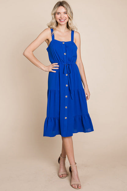 Tiered Square Neck Ruffled Button Midi Sundresses | Apparel | Kitchen + Metal