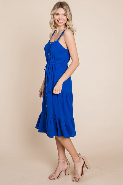 Tiered Square Neck Ruffled Button Midi Sundresses | Apparel | Kitchen + Metal