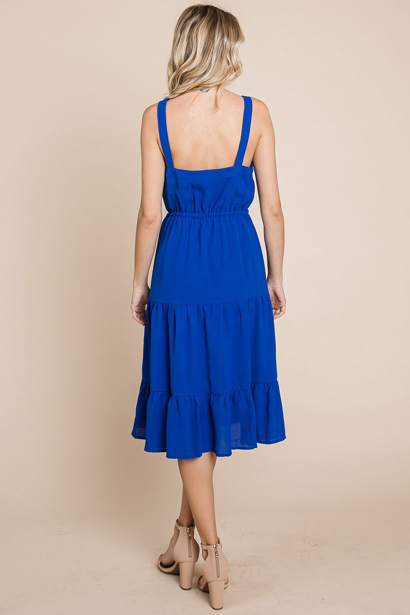 Tiered Square Neck Ruffled Button Midi Sundresses | Apparel | Kitchen + Metal