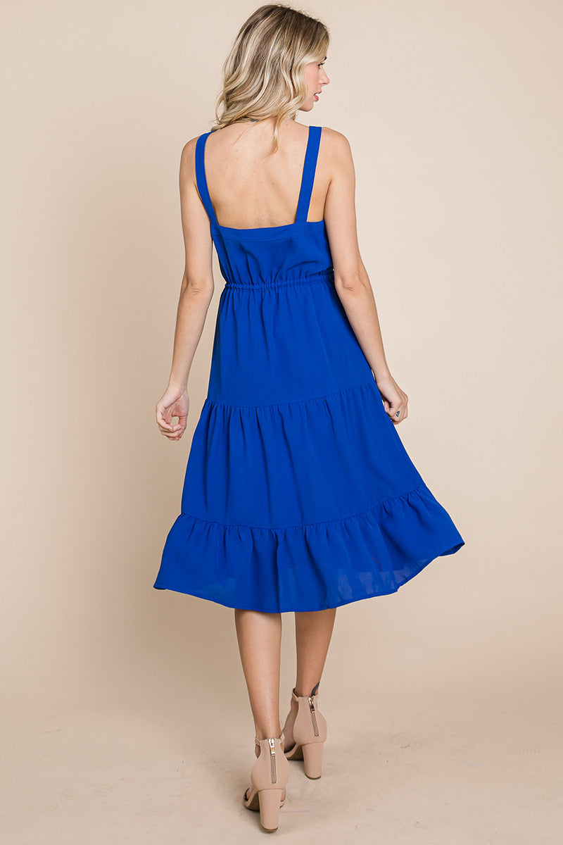 Tiered Square Neck Ruffled Button Midi Sundresses | Apparel | Kitchen + Metal