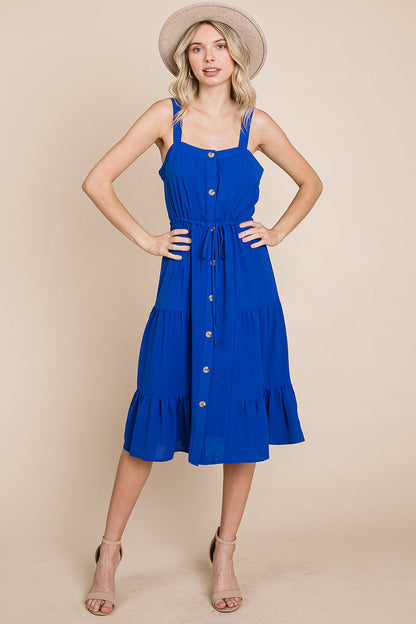 Tiered Square Neck Ruffled Button Midi Sundresses | Apparel | Kitchen + Metal
