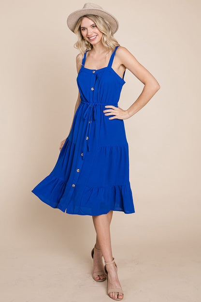 Tiered Square Neck Ruffled Button Midi Sundresses | Apparel | Kitchen + Metal