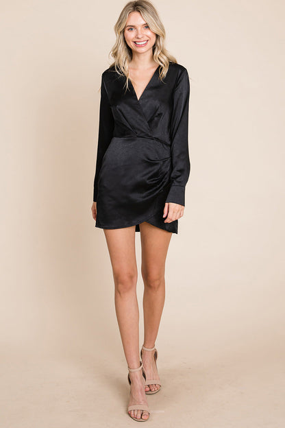 V Neck Satin Wrap Long Sleeve Sheath Dress | Apparel | Kitchen + Metal