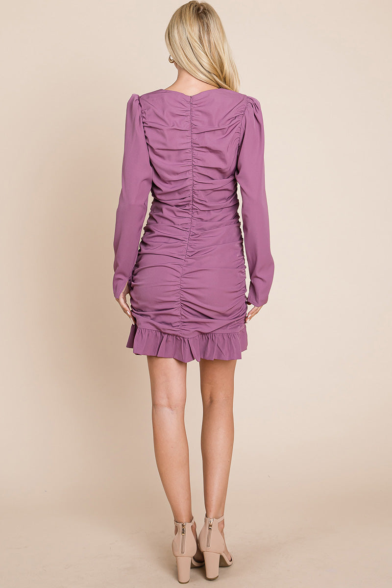 Long Sleeve Ruched Frill Hem Mini Dress | Apparel | Kitchen + Metal