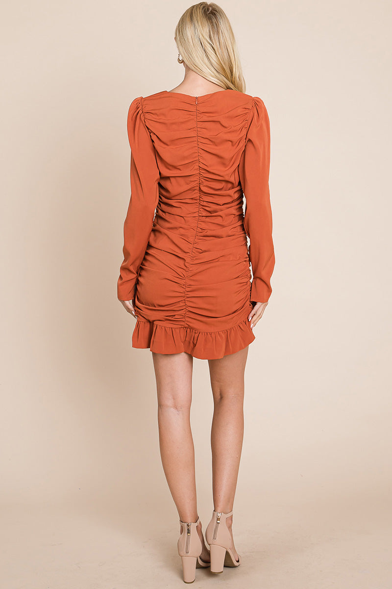 Long Sleeve Ruched Frill Hem Mini Dress | Apparel | Kitchen + Metal