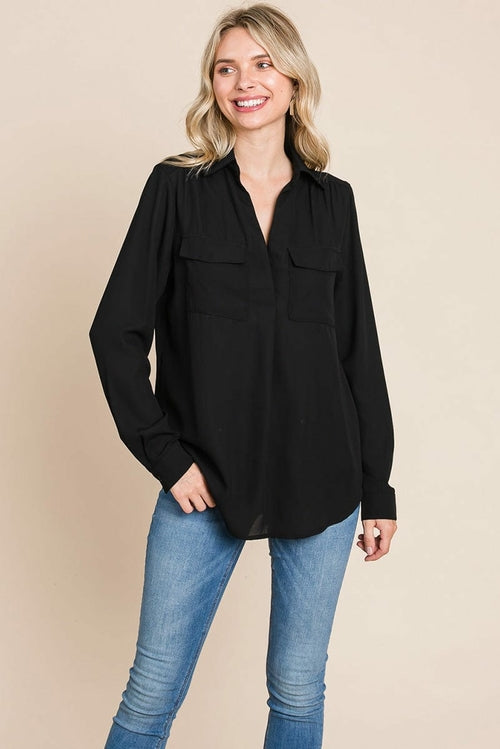 V neck Collared Pocket Detail Blouse Shirts | Apparel | Kitchen + Metal