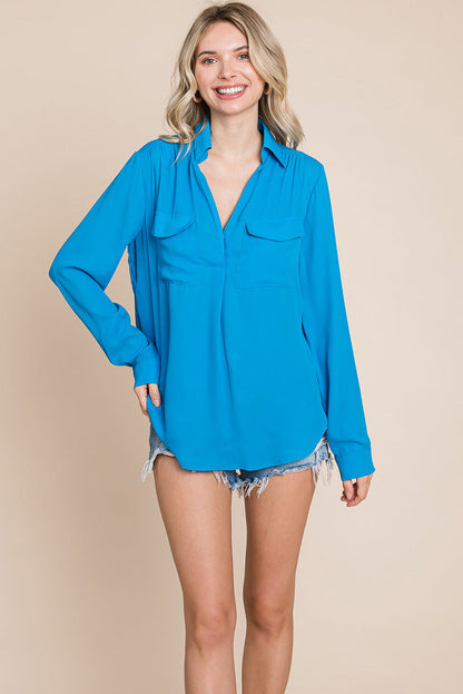 V neck Collared Pocket Detail Blouse Shirts | Apparel | Kitchen + Metal