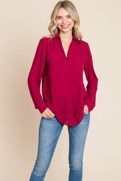 V neck Collared Pocket Detail Blouse Shirts | Apparel | Kitchen + Metal