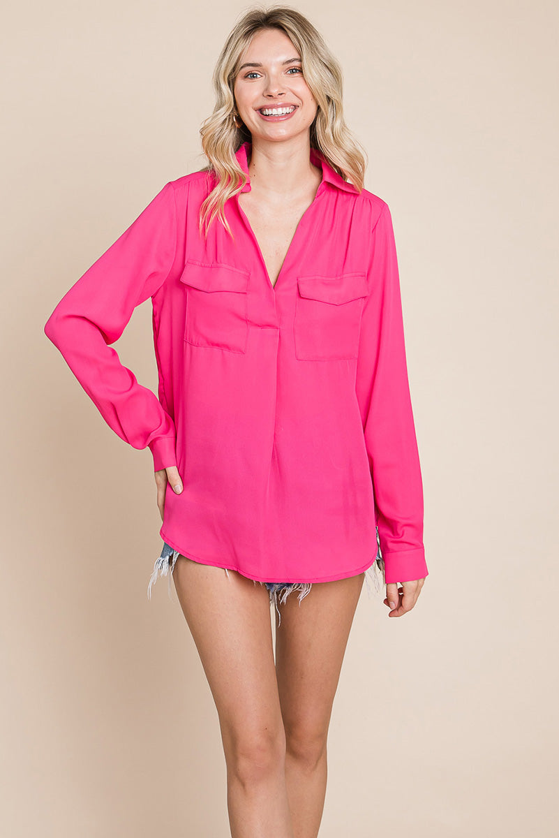 V neck Collared Pocket Detail Blouse Shirts | Apparel | Kitchen + Metal