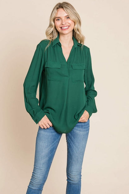 V neck Collared Pocket Detail Blouse Shirts | Apparel | Kitchen + Metal