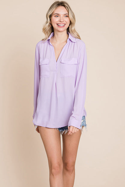 V neck Collared Pocket Detail Blouse Shirts | Apparel | Kitchen + Metal