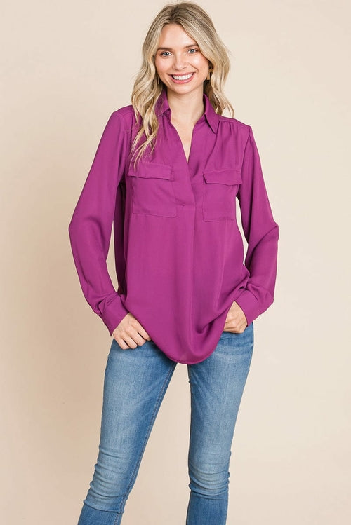 V neck Collared Pocket Detail Blouse Shirts | Apparel | Kitchen + Metal