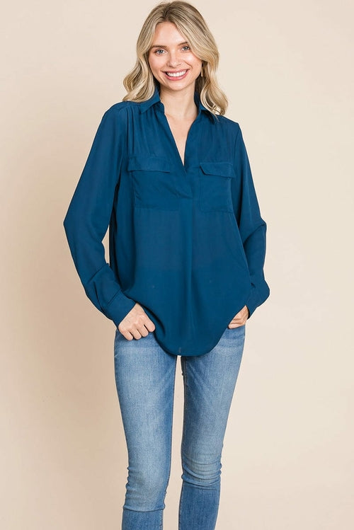 V neck Collared Pocket Detail Blouse Shirts | Apparel | Kitchen + Metal