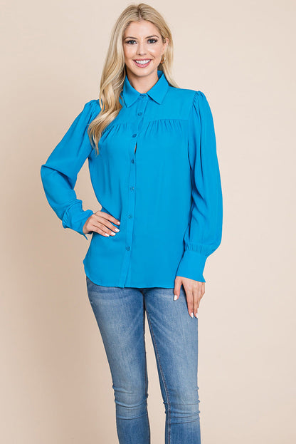 Collared Long Sleeve Pleated Detail Blouse Tops | Apparel | Kitchen + Metal