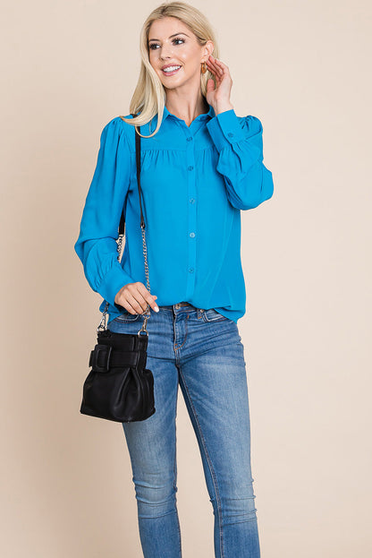 Collared Long Sleeve Pleated Detail Blouse Tops | Apparel | Kitchen + Metal