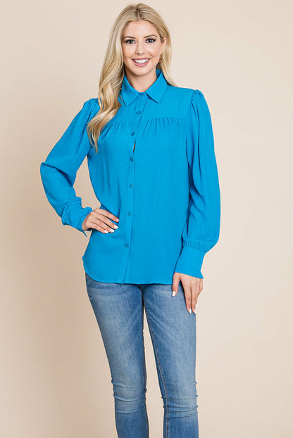 Collared Long Sleeve Pleated Detail Blouse Tops | Apparel | Kitchen + Metal