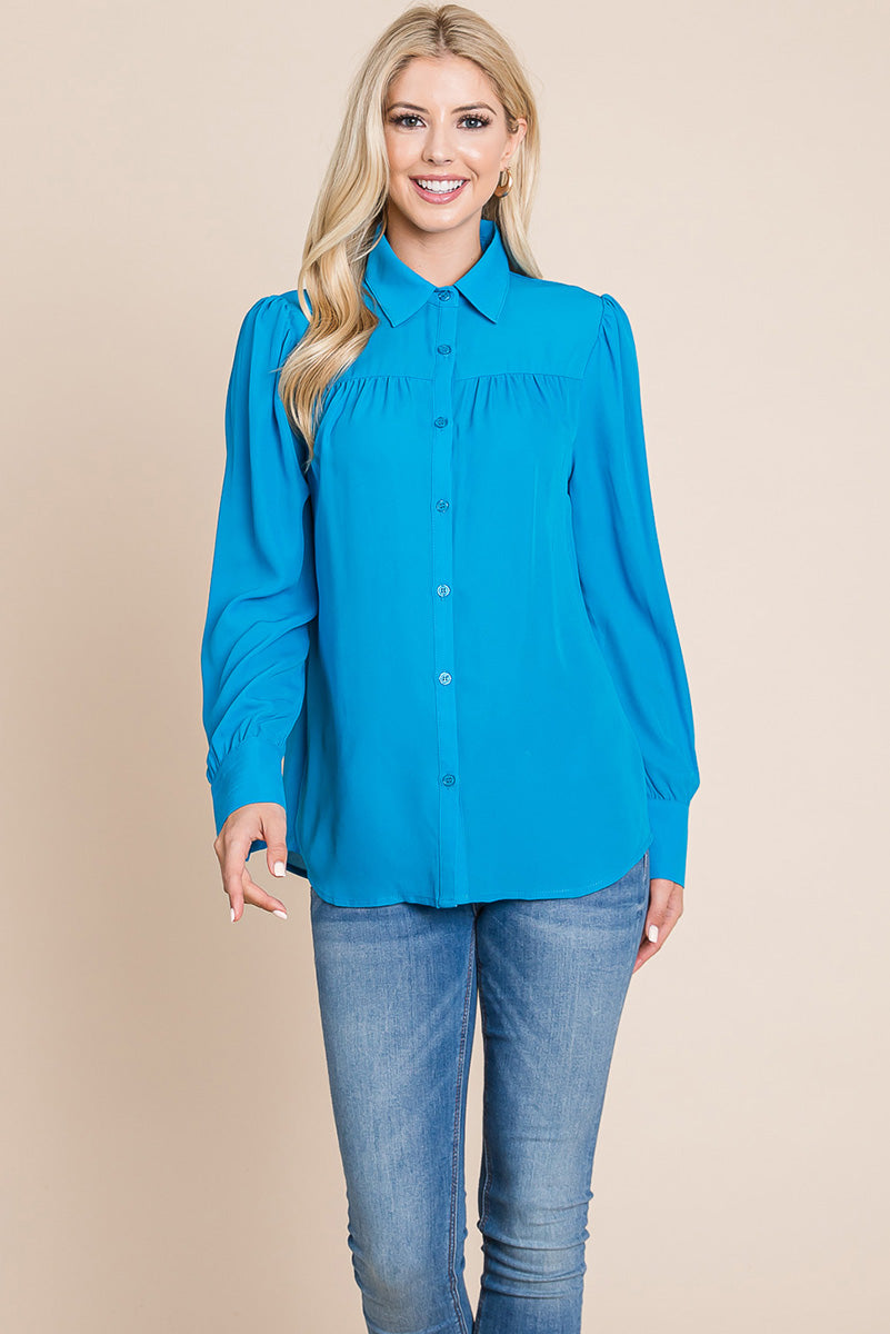 Collared Long Sleeve Pleated Detail Blouse Tops | Apparel | Kitchen + Metal