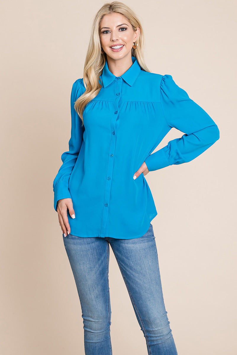 Collared Long Sleeve Pleated Detail Blouse Tops | Apparel | Kitchen + Metal