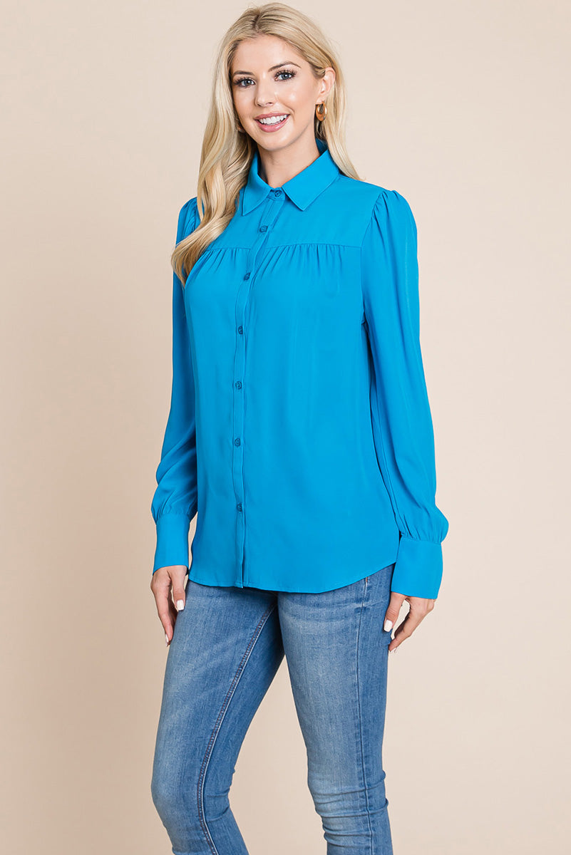 Collared Long Sleeve Pleated Detail Blouse Tops | Apparel | Kitchen + Metal