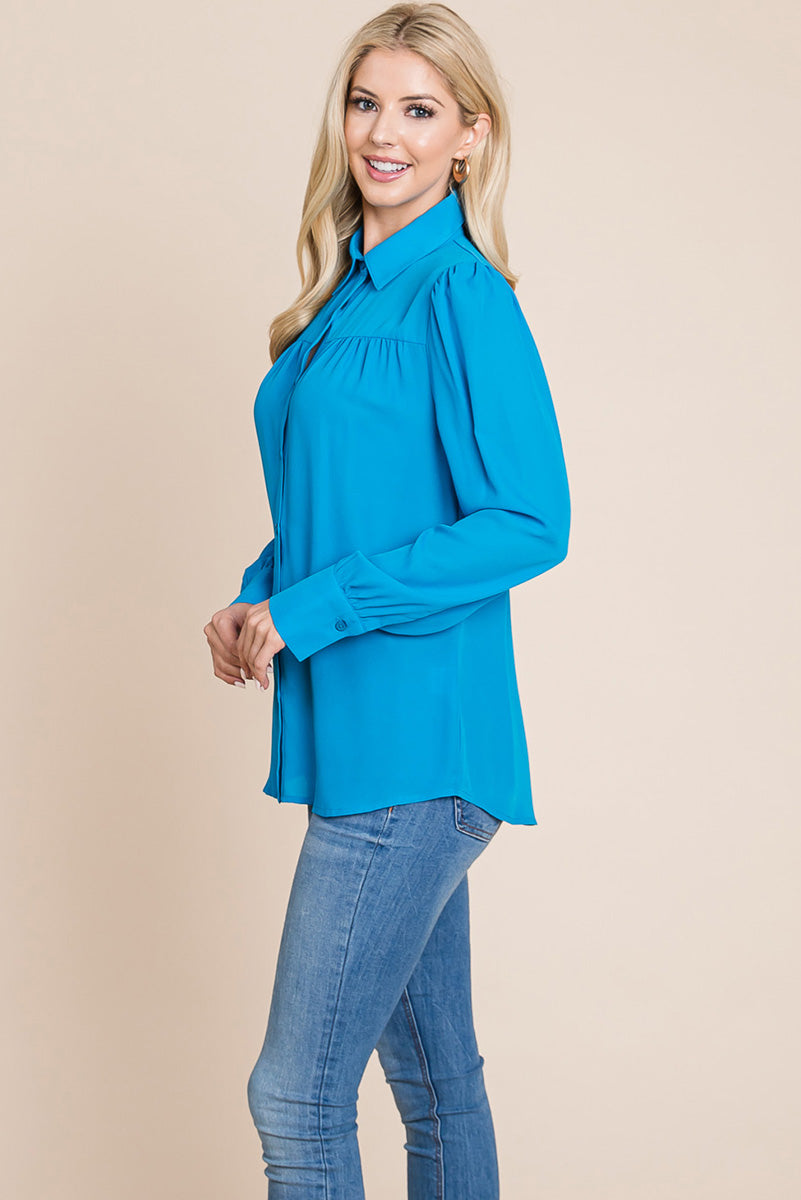 Collared Long Sleeve Pleated Detail Blouse Tops | Apparel | Kitchen + Metal