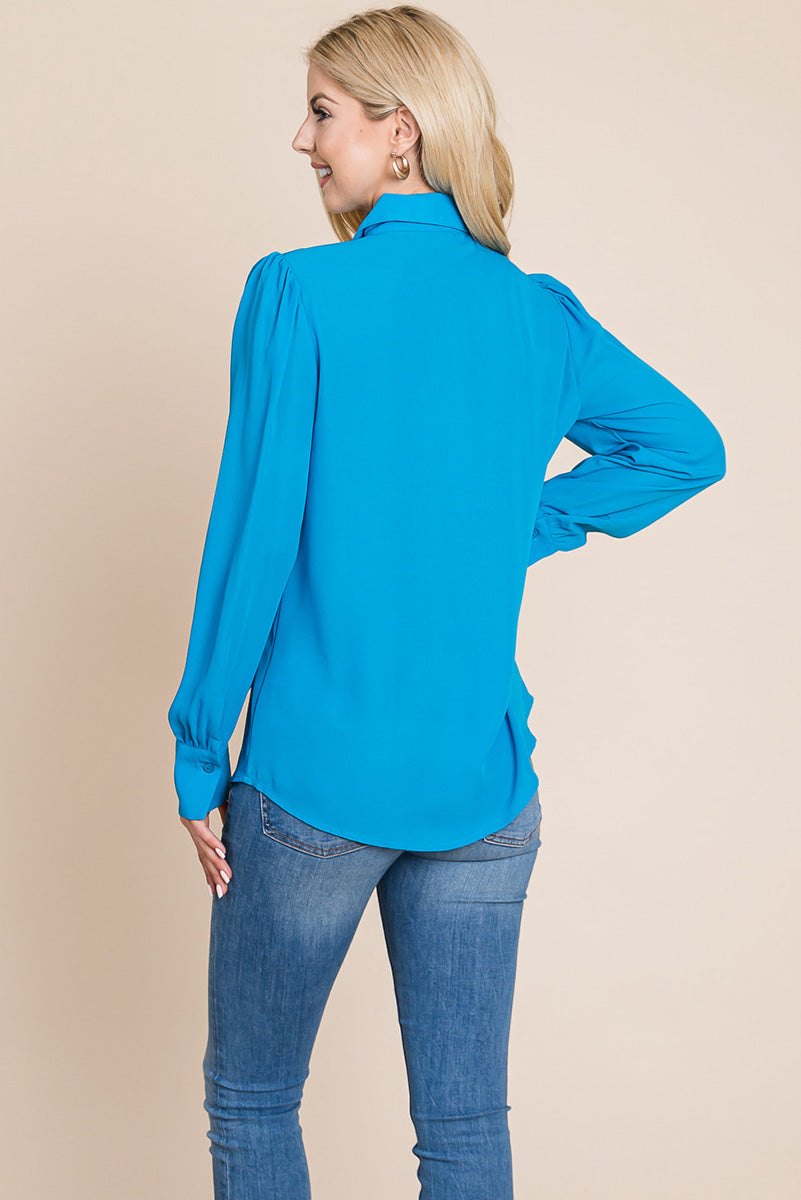 Collared Long Sleeve Pleated Detail Blouse Tops | Apparel | Kitchen + Metal