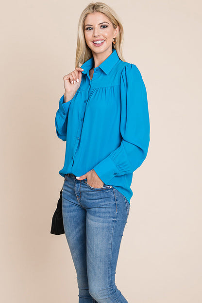 Collared Long Sleeve Pleated Detail Blouse Tops | Apparel | Kitchen + Metal